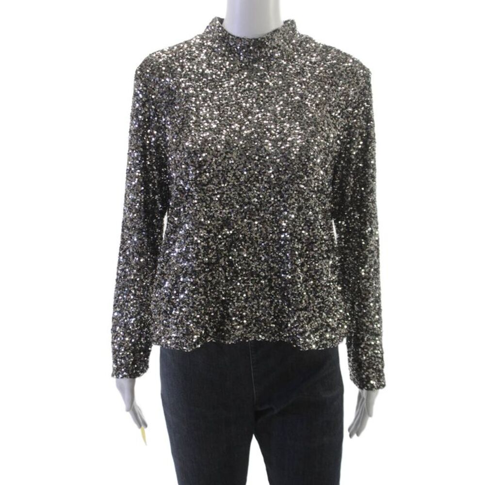 Insight Women Basic Silver Polyester Mock Neck Long Sleeve Zip Blouse Size L